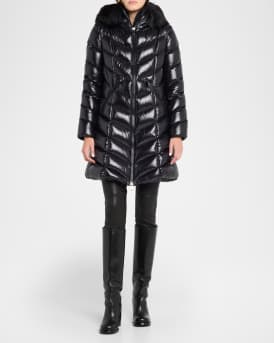 Fulmarus Chevron-Quilted Long Puffer Coat with Faux Fur Trim