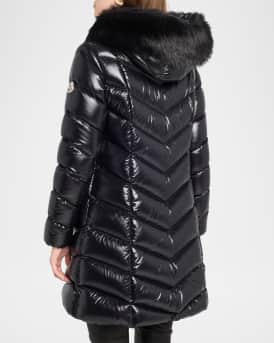 Fulmarus Chevron-Quilted Long Puffer Coat with Faux Fur Trim