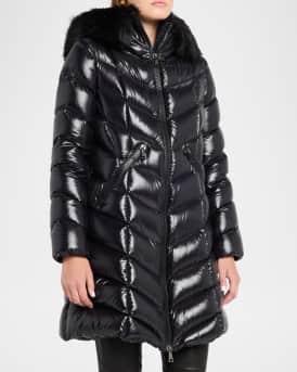 Fulmarus Chevron-Quilted Long Puffer Coat with Faux Fur Trim
