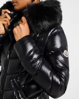 Fulmarus Chevron-Quilted Long Puffer Coat with Faux Fur Trim