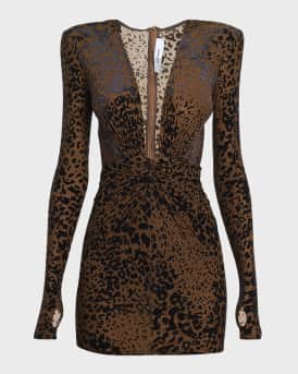 Plunging Long-Sleeve Leopard Burnout Mini Dress