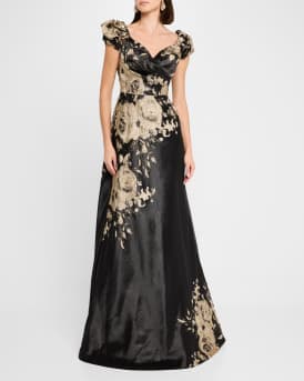 Cap-Sleeve Floral Metallic Jacquard Gown