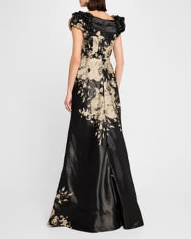 Cap-Sleeve Floral Metallic Jacquard Gown