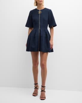 Zip Front Wool Tweed Mini Dress