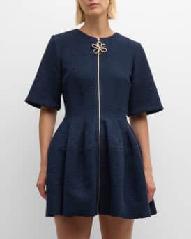 Zip Front Wool Tweed Mini Dress