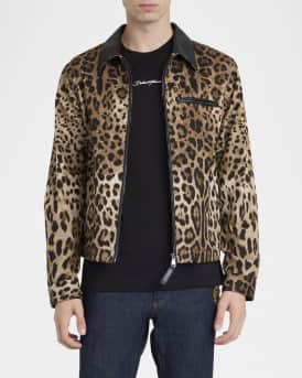 Men's Leopard-Print Leather-Trim Full-Zip Jacket