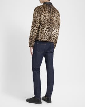 Men's Leopard-Print Leather-Trim Full-Zip Jacket