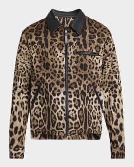 Men's Leopard-Print Leather-Trim Full-Zip Jacket