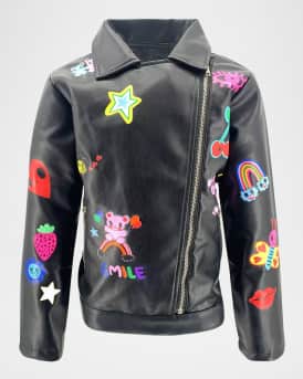 Girl's Vegan Leather Moto Jacket W/ Graphic Doodles, Size 2-14