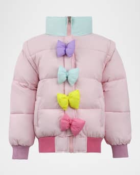 Girl's Puffer Jacket W/ Rainbow Bows, Size 2-14