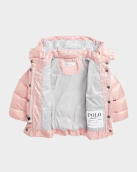 Girl's Metallic Embroidered Pony Puffer Coat, Size 9M-24M