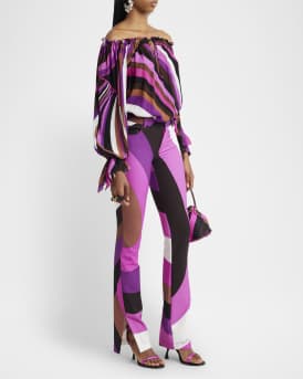 Abstract-Print Bootcut-Leg Slit-Hem Trousers