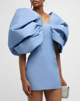 Draped Bow-Sleeve Mini Dress With Train