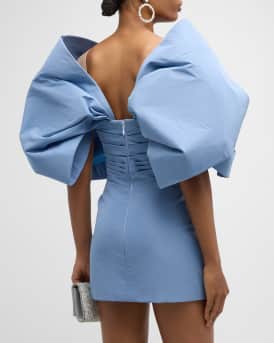 Draped Bow-Sleeve Mini Dress With Train
