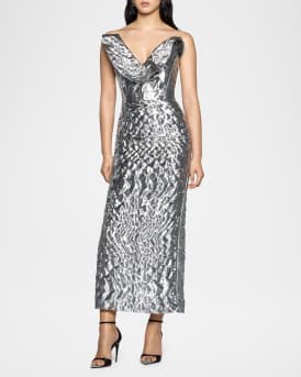 Requiem Strapless Ruffle Metallic Midi Dress