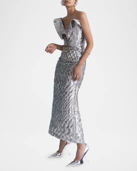 Requiem Strapless Ruffle Metallic Midi Dress