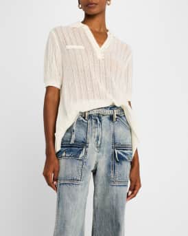 Airy Short-Sleeve Open-Knit Polo Top