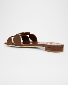 Circle-Cut Leather Flat Slide Sandals