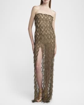Metallic Fringe Sheer Strapless Slit Gown