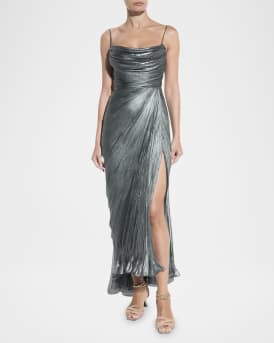 Regina Cowl-Neck Metallic Plisse Ankle Gown