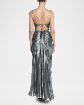Regina Cowl-Neck Metallic Plisse Ankle Gown