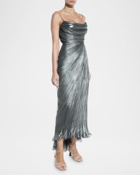 Regina Cowl-Neck Metallic Plisse Ankle Gown
