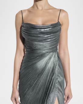 Regina Cowl-Neck Metallic Plisse Ankle Gown