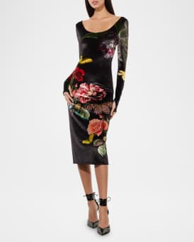 In The Wind Floral Delora Scoop-Neck Velvet Midi Dress