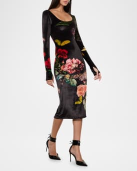 In The Wind Floral Delora Scoop-Neck Velvet Midi Dress