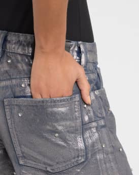 Foiled Denim Cut-Off Shorts with Rhinestones