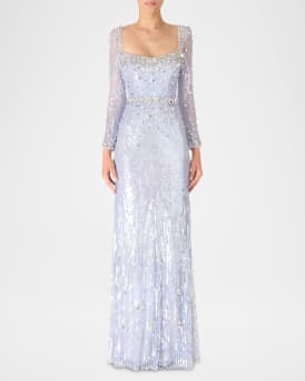 Kestra Embellished Long-Sleeve Sequin Gown