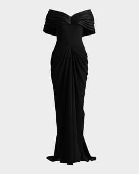 Pleated Off-Shoulder Taffeta & Crepe Gown