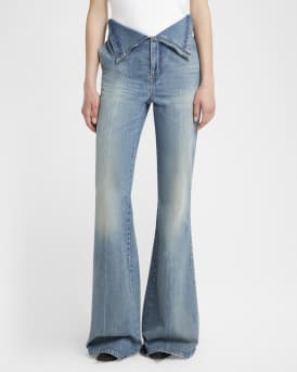 Foldover-Waist Denim Flare Trousers