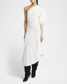 Asymmetric Ray Ribbed One-Shoulder Midi Dress