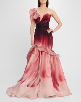Hand-Painted Floral One-Shoulder Mermaid Gown