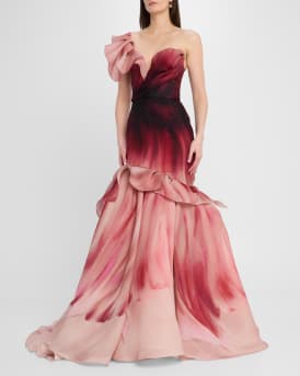 Hand-Painted Floral One-Shoulder Mermaid Gown