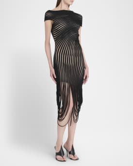 Transparent Contrast Rib Knit Midi Dress