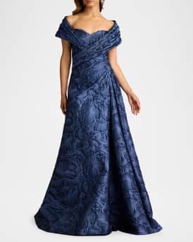 Pleated Off-Shoulder Floral Jacquard Gown
