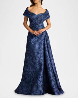 Pleated Off-Shoulder Floral Jacquard Gown
