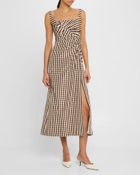 Plaid Taffeta Ruched Sleeveless Midi Dress