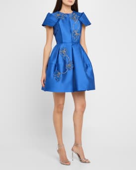 Floral Embroidered Pleated Mini Dress