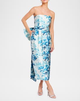 Lorena Strapless Toile-Print Bow Midi Dress