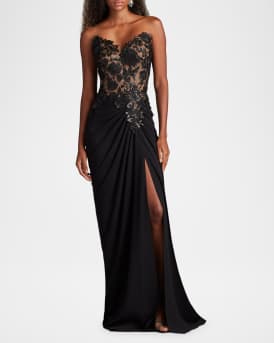 Strapless Pleated Sequin Lace Gown