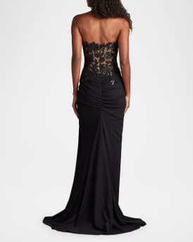 Strapless Pleated Sequin Lace Gown