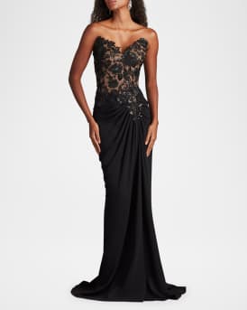 Strapless Pleated Sequin Lace Gown