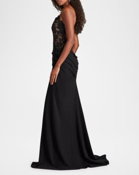 Strapless Pleated Sequin Lace Gown