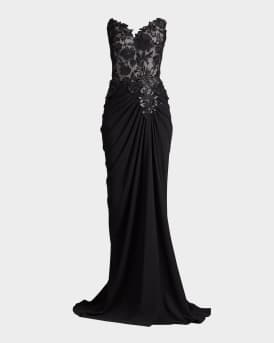 Strapless Pleated Sequin Lace Gown