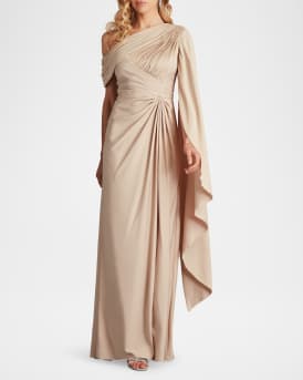 Pleated One-Shoulder Cape Gown
