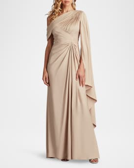 Pleated One-Shoulder Cape Gown
