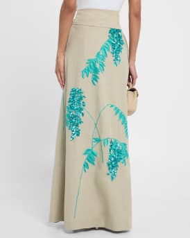 Floral Sequin Embroidered Linen Slit Maxi Skirt